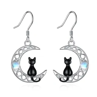 Sterling Silver Two-Tone Circular Moonstone Cat With Celtic Knot With Moon Drop Earrings For Women Best Friend-44