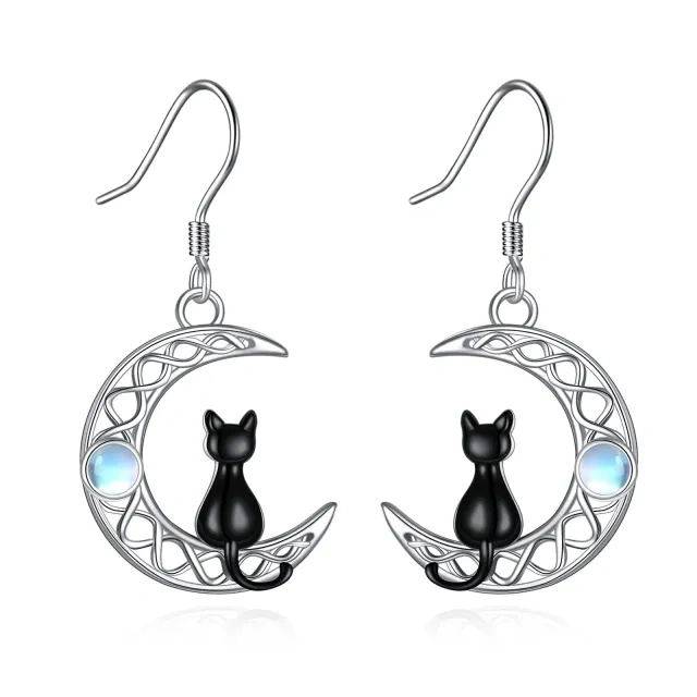 Sterling Silver Two-Tone Circular Moonstone Cat With Celtic Knot With Moon Drop Earrings For Women Best Friend