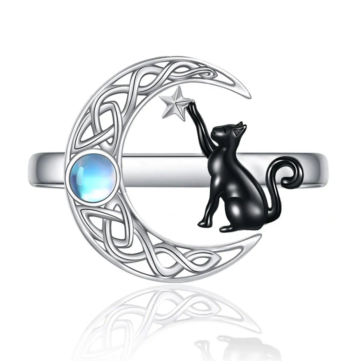 Plata de ley de dos tonos Circular Moonstone Cat & Celtic Knotwith Moon Star Anillo abiert-1