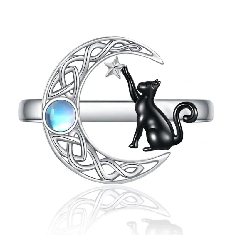 Sterling Silver Two-Tone Round Moonstone Cat & Celtic Knotwith Moon Star Open Ring For Women-1