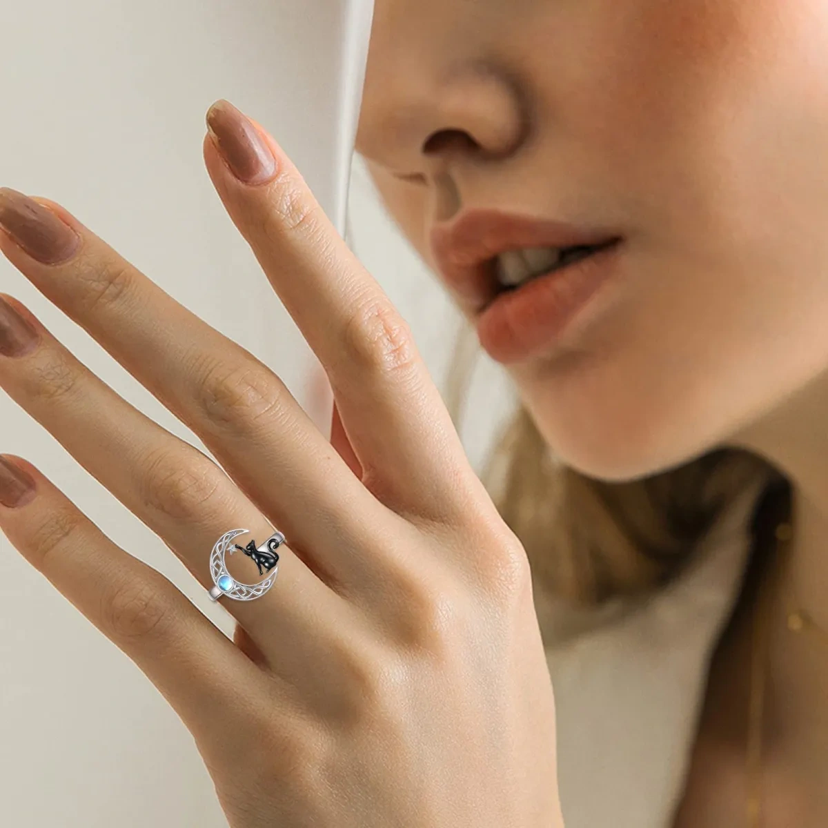 Sterling Silver Two-Tone Circular Moonstone Cat & Celtic Knotwith Moon Star Open Ring For Women-2