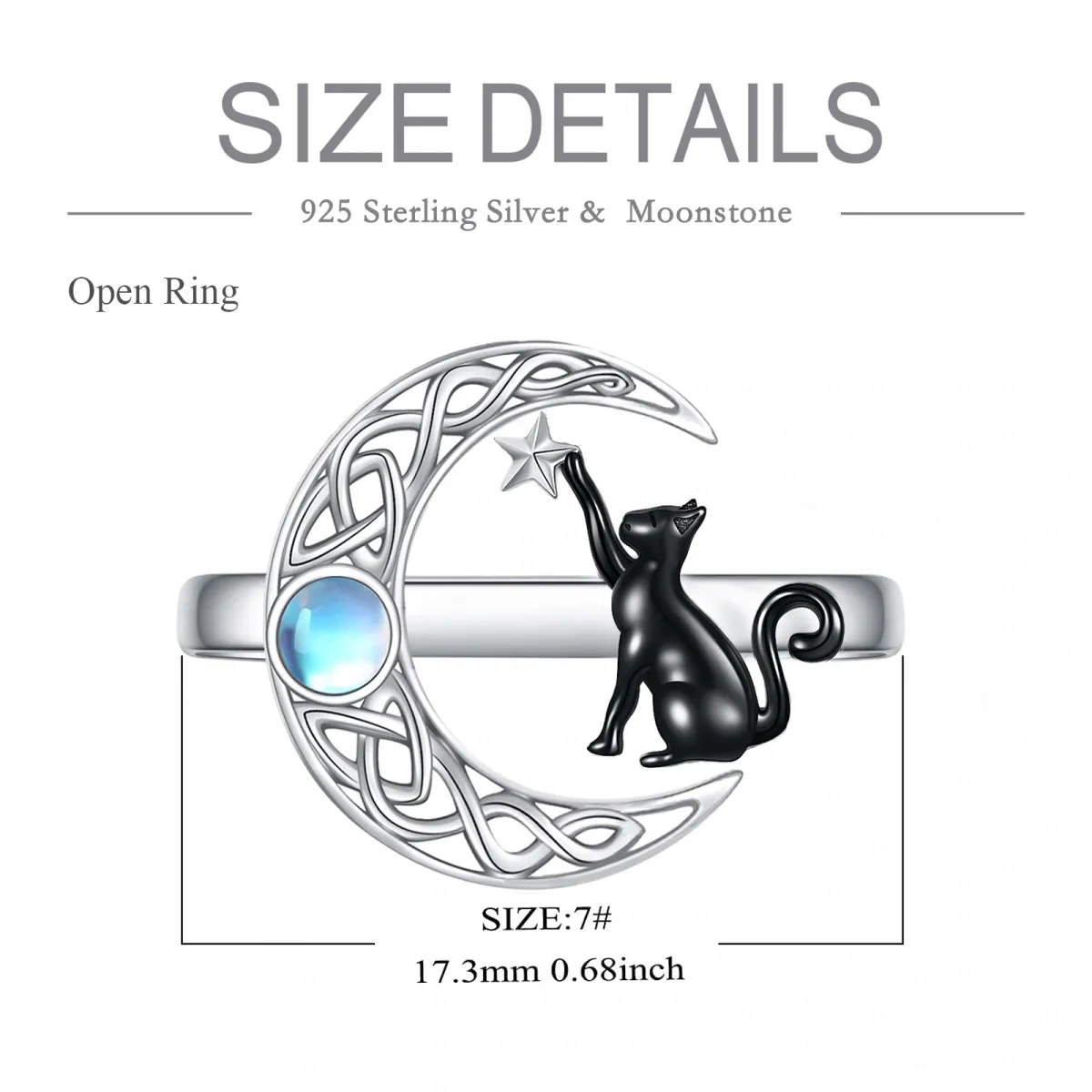 Plata de ley de dos tonos Circular Moonstone Cat & Celtic Knotwith Moon Star Anillo abiert-3