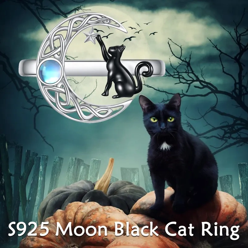 Sterling Silver Two-Tone Round Moonstone Cat & Celtic Knotwith Moon Star Open Ring For Women-4