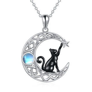 Sterling Silver Two-tone Circular Shaped Moonstone Cat & Moon Pendant Necklace-4