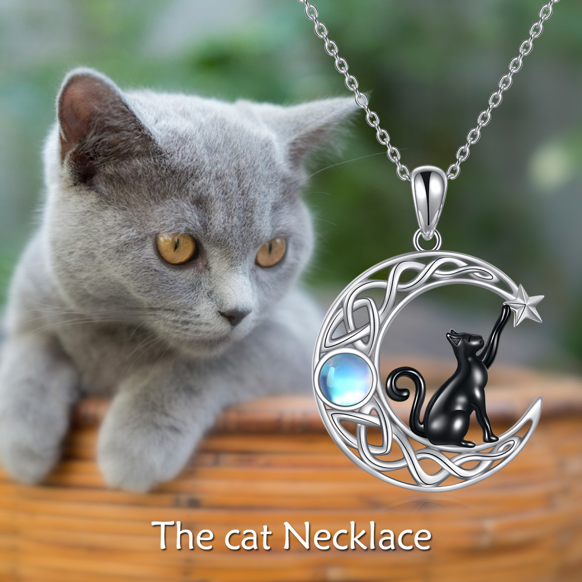 Collier en argent sterling avec pendentif chat et lune en pierre de lune de forme circulai-6