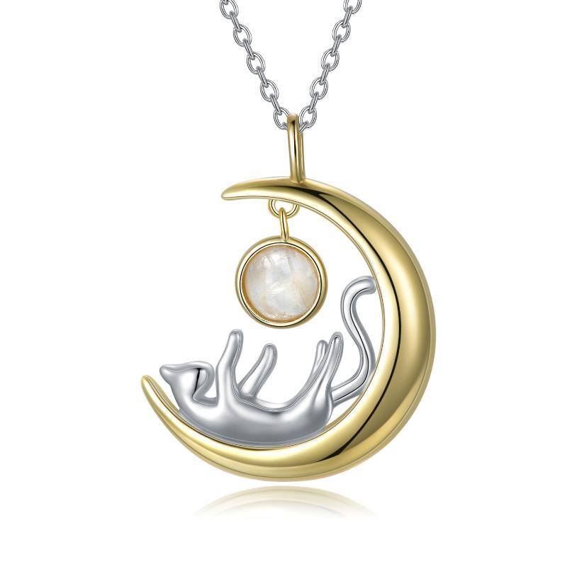 Collier avec pendentif en argent sterling avec pendentif en pierre de lune circulaire bicolore en forme de chat et de lune-1