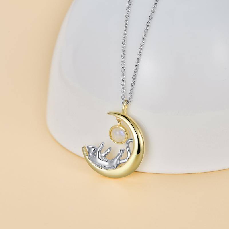 قلادة من الفضة الإسترلينية بتصميم دائري ثنائي اللون على شكل قطة وقمر من حجر القمر-3