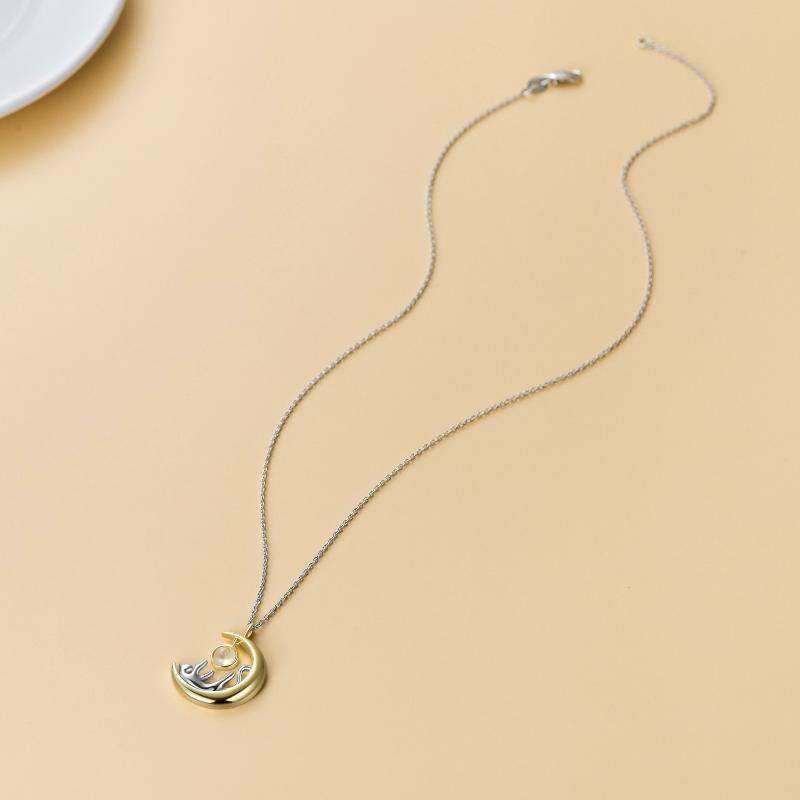 قلادة من الفضة الإسترلينية بتصميم دائري ثنائي اللون على شكل قطة وقمر من حجر القمر-4