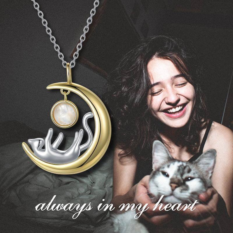 قلادة من الفضة الإسترلينية بتصميم دائري ثنائي اللون على شكل قطة وقمر من حجر القمر-5