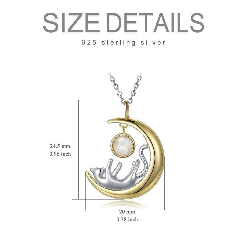 Sterling Silver Two-tone Circular Shaped Moonstone Cat & Moon Pendant Necklace-6