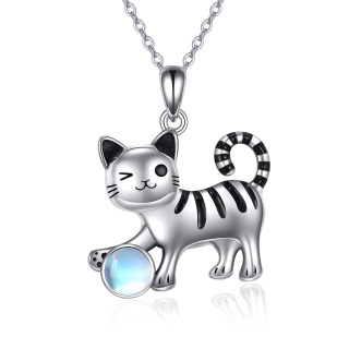 Sterling Silver Two-tone Circular Shaped Moonstone Cat Pendant Necklace-25