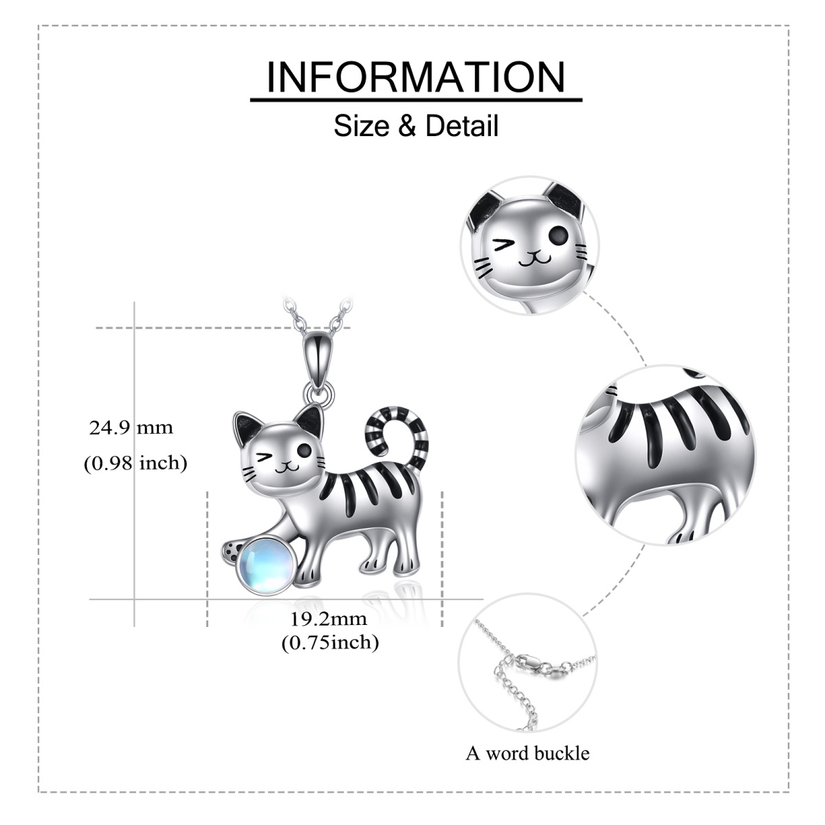 Colar de prata esterlina com pingente de gato com pedra da lua em forma circular de dois t-5