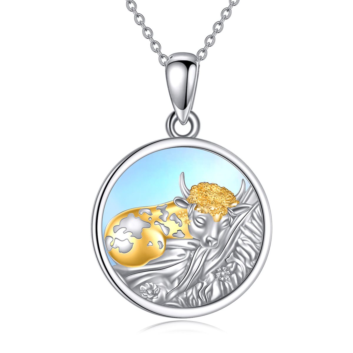 Sterling Silver Two-tone Circular Shaped Moonstone Cow Pendant Necklace-1