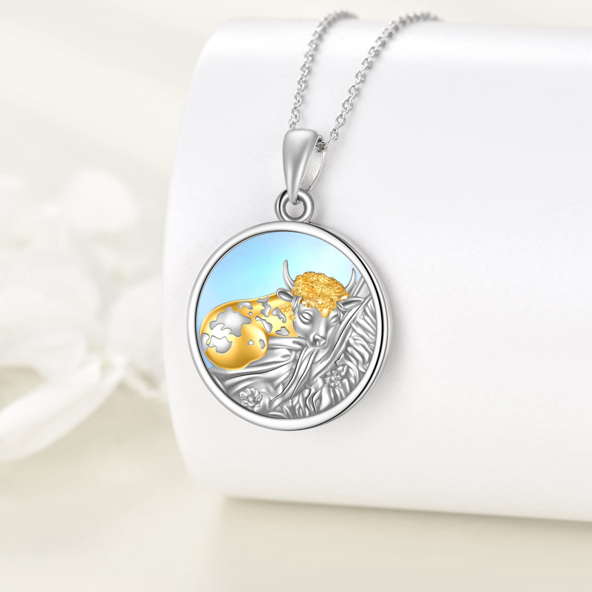 Sterling Silver Two-tone Circular Shaped Moonstone Cow Pendant Necklace-3