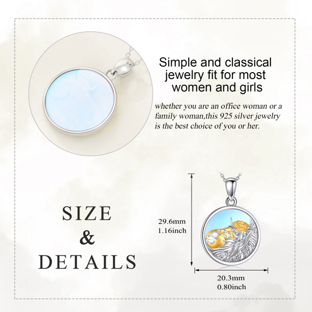 Sterling Silver Two-tone Circular Shaped Moonstone Cow Pendant Necklace-5