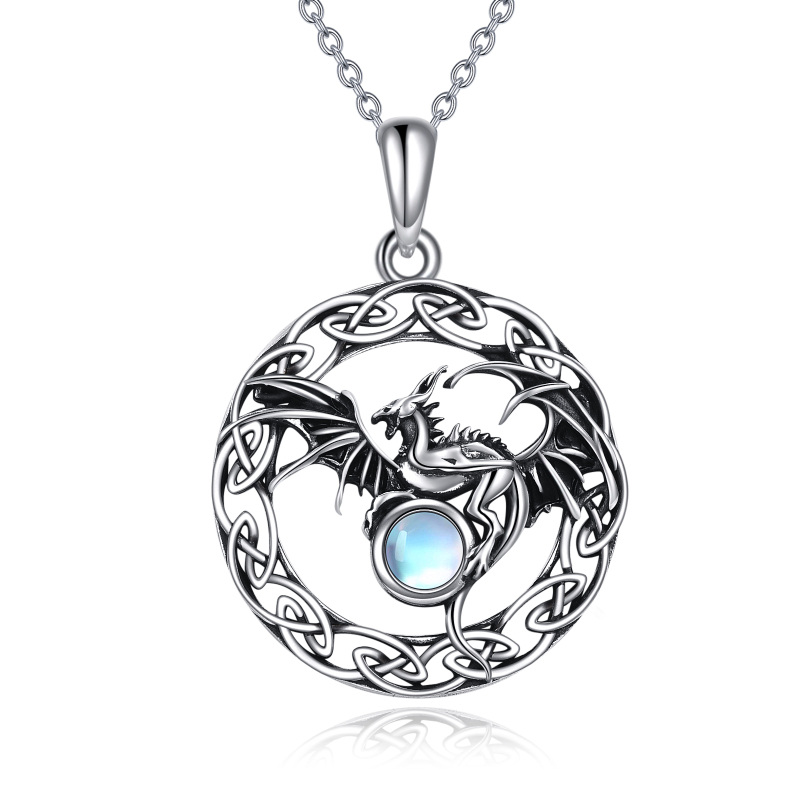 Sterling Silver Two-tone Circular Shaped Moonstone Dragon & Celtic Knot Pendant Necklace-5