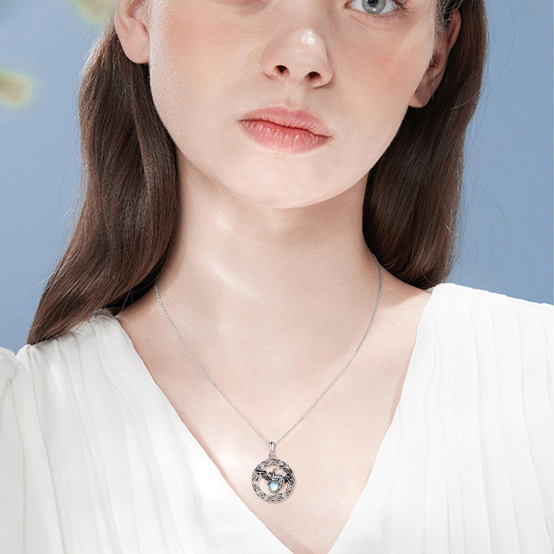 Sterling Silver Two-tone Circular Shaped Moonstone Dragon & Celtic Knot Pendant Necklace-2