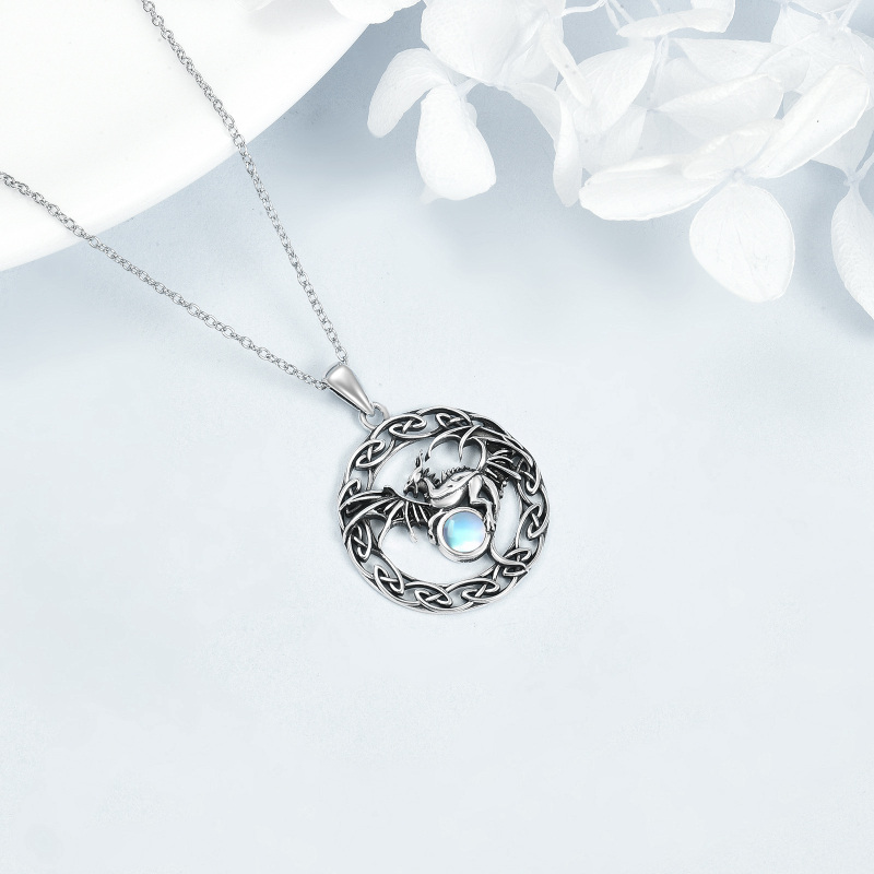 Sterling Silver Two-tone Circular Shaped Moonstone Dragon & Celtic Knot Pendant Necklace-3