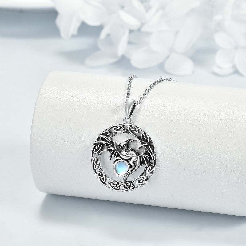 Sterling Silver Two-tone Circular Shaped Moonstone Dragon & Celtic Knot Pendant Necklace-4