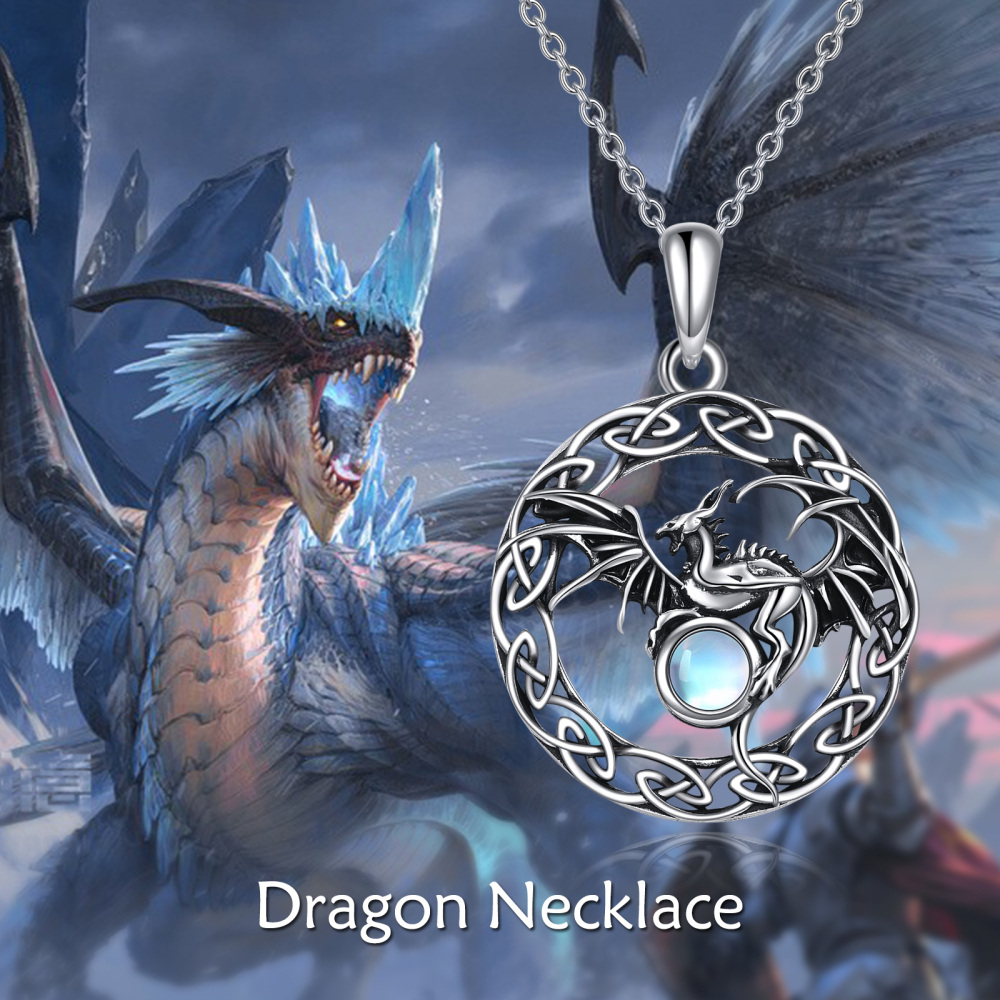 Plata de ley de dos tonos en forma circular Moonstone Dragón y Nudo Celta Collar Colgante-6