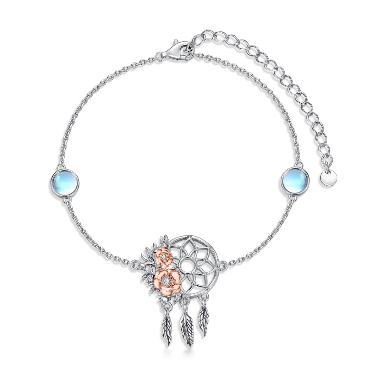 Sterling Silver Two-tone Circular Shaped Cubic Zirconia & Moonstone Dream Catcher Pendant Bracelet-1