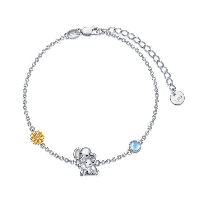 Sterling Silver Two-tone Circular Shaped Moonstone Elephant & Sunflower Pendant Bracelet