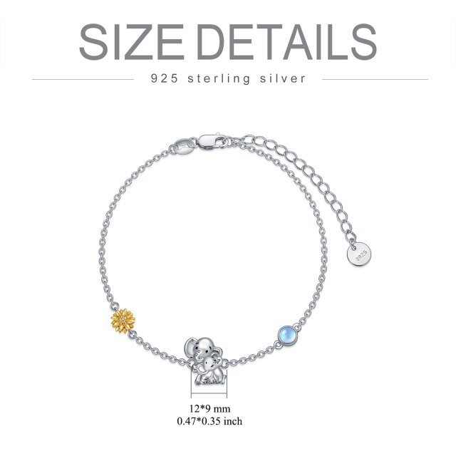 Sterling Silver Two-tone Circular Shaped Moonstone Elephant & Sunflower Pendant Bracelet-5