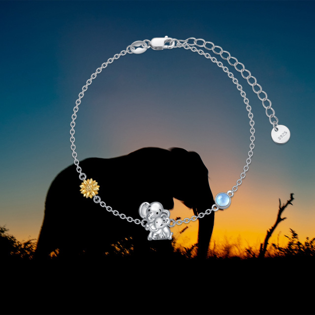 Sterling Silver Two-tone Circular Shaped Moonstone Elephant & Sunflower Pendant Bracelet-6