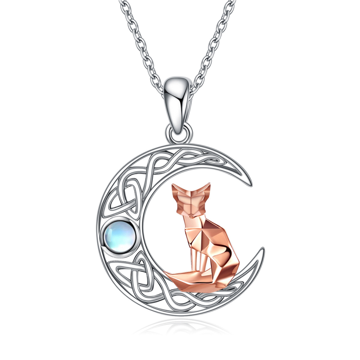 Sterling Silver Two-Tone Circular Moonstone Fox & Moon With Celtic Knot Pendant Necklace For Women-1