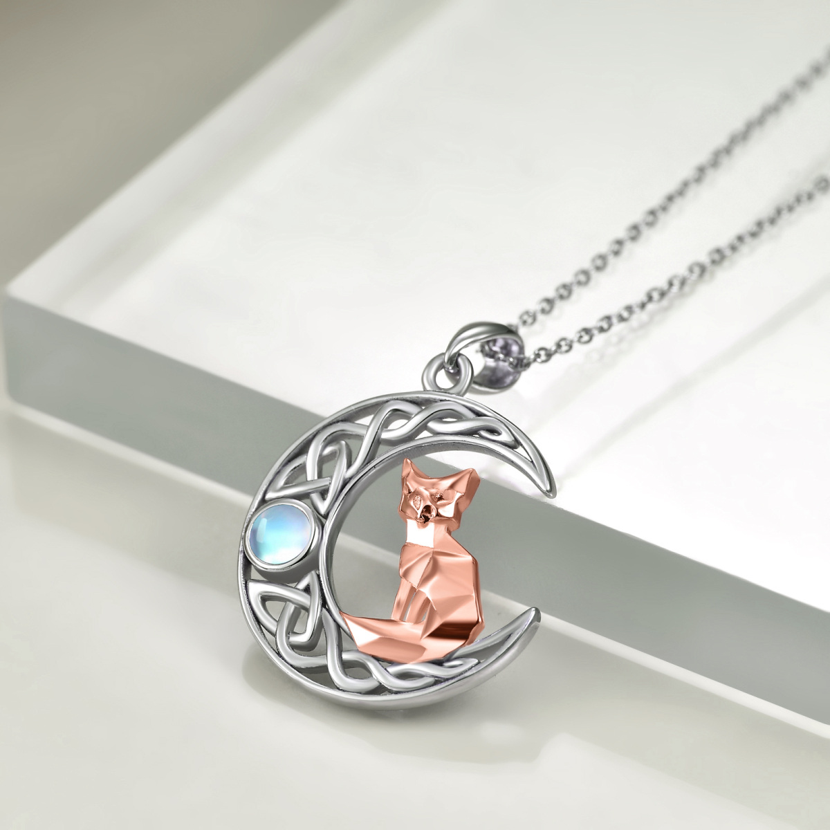 Sterling Silver Two-Tone Circular Moonstone Fox & Moon With Celtic Knot Pendant Necklace For Women-3