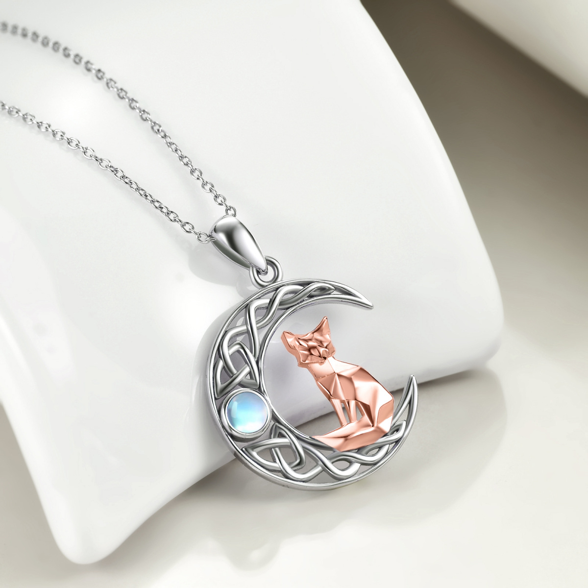 Sterling Silver Two-Tone Circular Moonstone Fox & Moon With Celtic Knot Pendant Necklace For Women-4