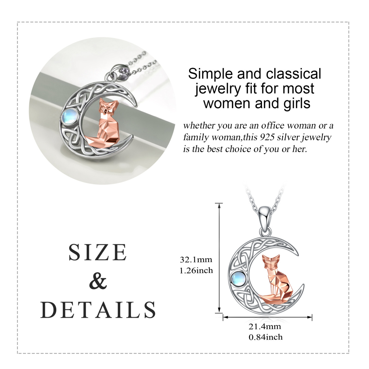 Sterling Silver Two-Tone Circular Moonstone Fox & Moon With Celtic Knot Pendant Necklace For Women-5