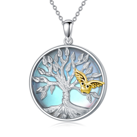 Sterling Silver Two-tone Circular Shaped Moonstone Owl & Tree Of Life Pendant Necklace