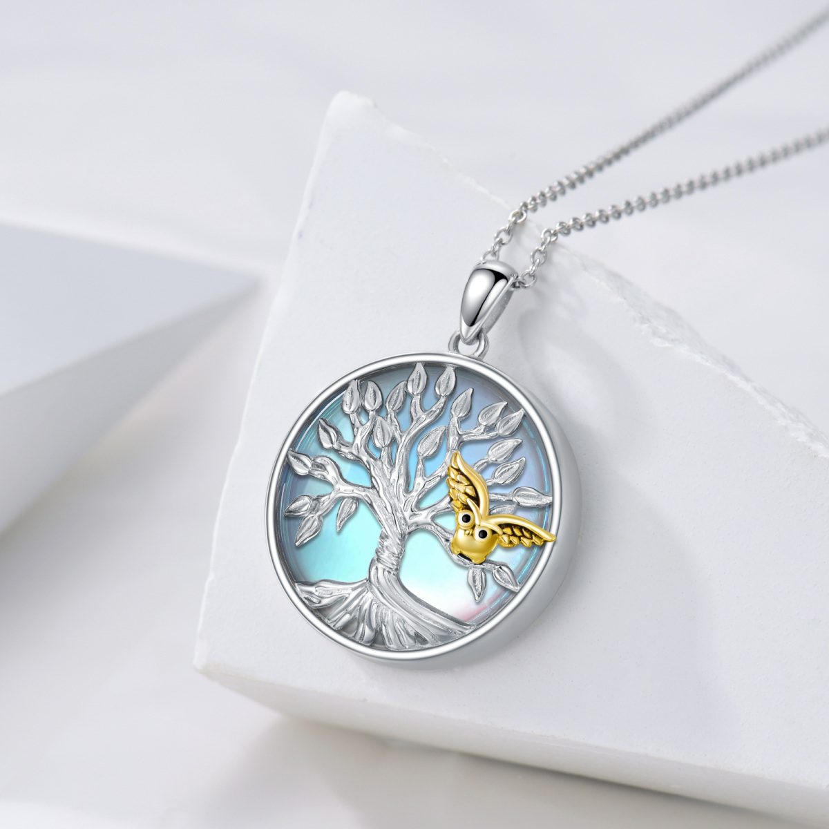 Collier avec pendentif arbre de vie en forme de hibou en pierre de lune circulaire bicolore en argent sterling-3