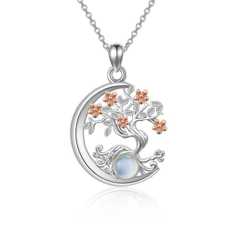 Sterling Silver Two-tone Circular Shaped Moonstone Tree Of Life & Moon Pendant Necklace-1