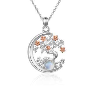 Sterling Silver Two-tone Circular Shaped Moonstone Tree Of Life & Moon Pendant Necklace-50