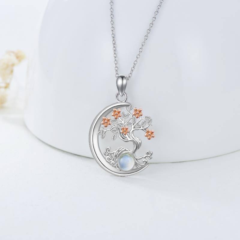 Sterling Silver Two-tone Circular Shaped Moonstone Tree Of Life & Moon Pendant Necklace-3