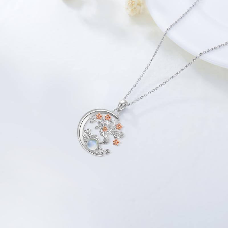 Sterling Silver Two-tone Circular Shaped Moonstone Tree Of Life & Moon Pendant Necklace-4