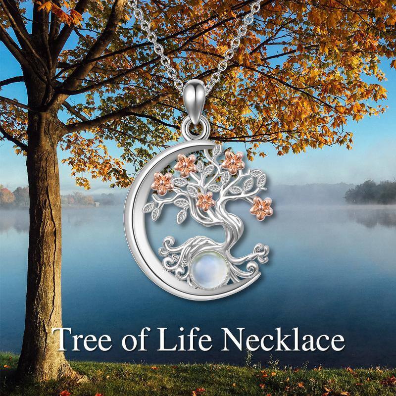 Sterling Silver Two-tone Circular Shaped Moonstone Tree Of Life & Moon Pendant Necklace-5