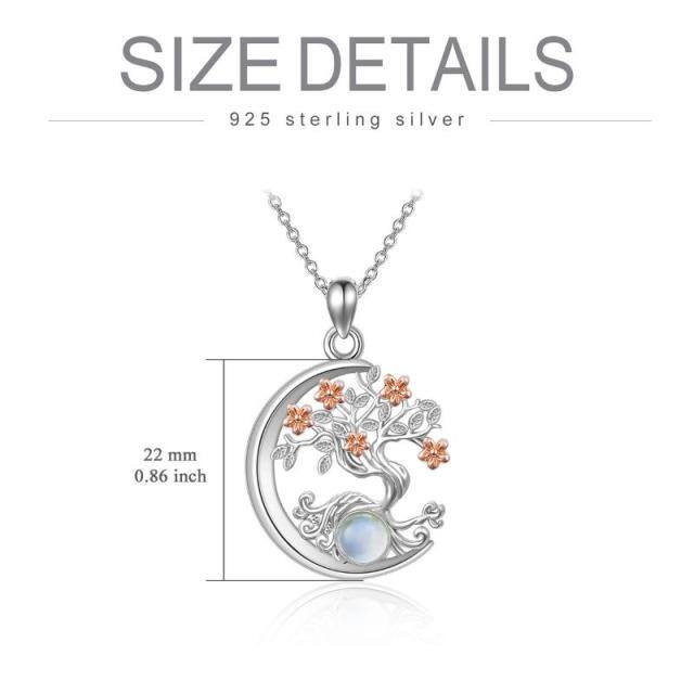 Sterling Silver Two-tone Circular Shaped Moonstone Tree Of Life & Moon Pendant Necklace-6