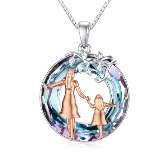 Sterling Silver Two-tone Circular Shaped Mother & Daughter Crystal Pendant Necklace