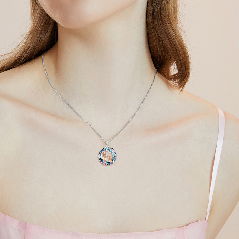 Sterling Silver Two-tone Circular Shaped Mother & Daughter Crystal Pendant Necklace-2
