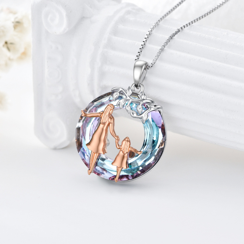 Sterling Silver Two-tone Circular Shaped Mother & Daughter Crystal Pendant Necklace-3