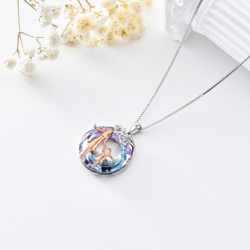Sterling Silver Two-tone Circular Shaped Mother & Daughter Crystal Pendant Necklace-4