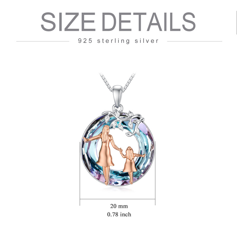 Sterling Silver Two-tone Circular Shaped Mother & Daughter Crystal Pendant Necklace-5