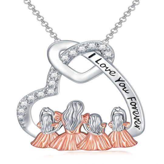 Sterling Silver Two-tone Circular Shaped Cubic Zirconia Mother & Daughter Heart Pendant Necklace with Engraved Word