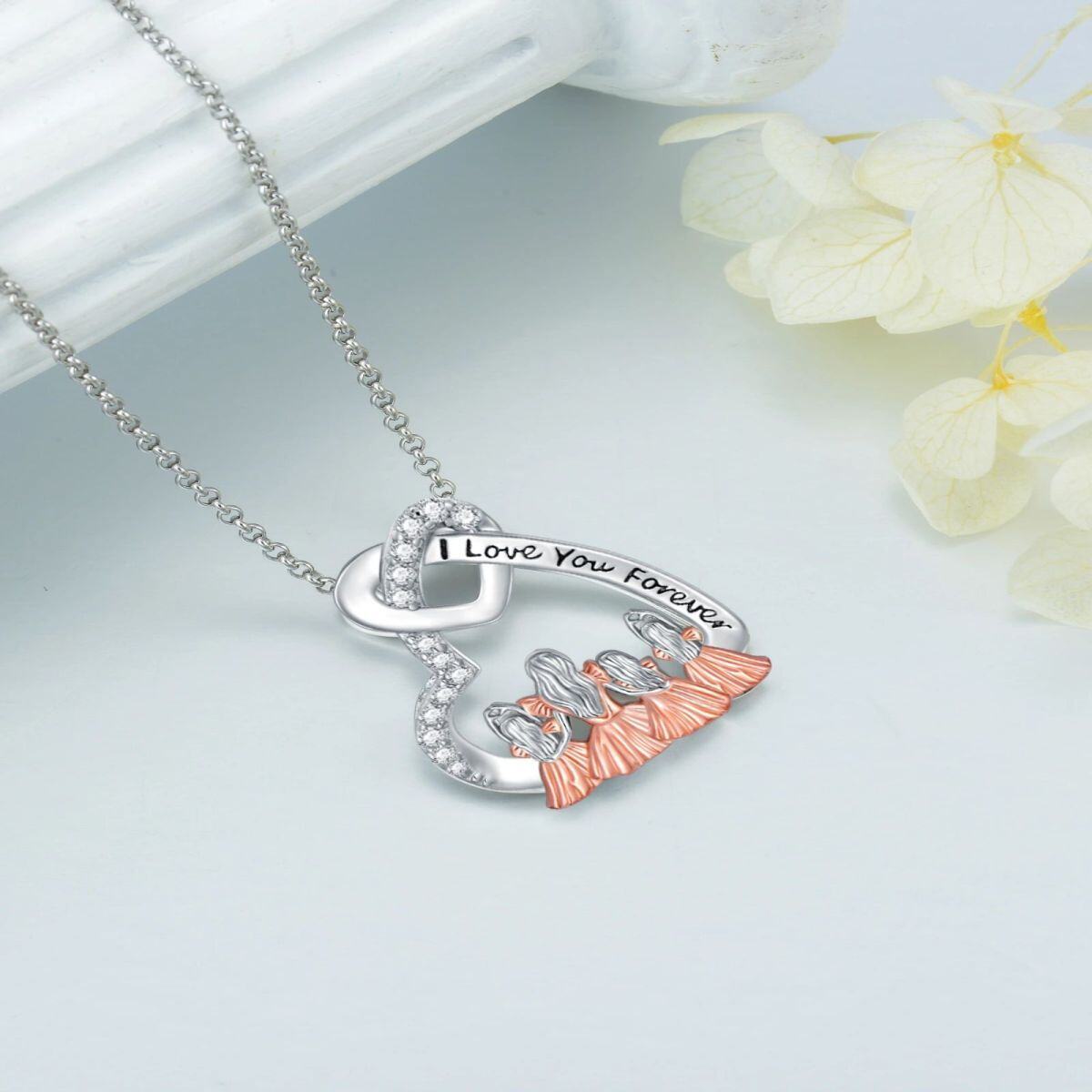 Sterling zilveren tweekleurige cirkelvormige cubic zirconia moeder & dochter hart hanger ketting met gegraveerd woord-4