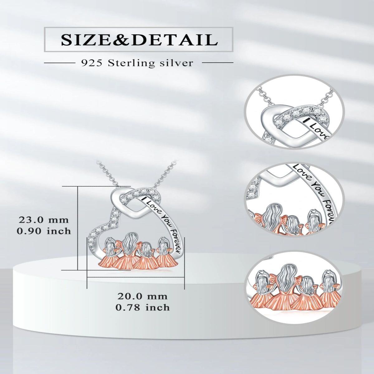 Sterling zilveren tweekleurige cirkelvormige cubic zirconia moeder & dochter hart hanger ketting met gegraveerd woord-5