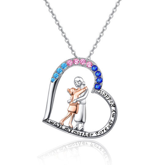 Sterling zilveren tweekleurige cirkelvormige zirkonia moeder met dochter hart hanger ketting met gegraveerd woord voor vrouwen