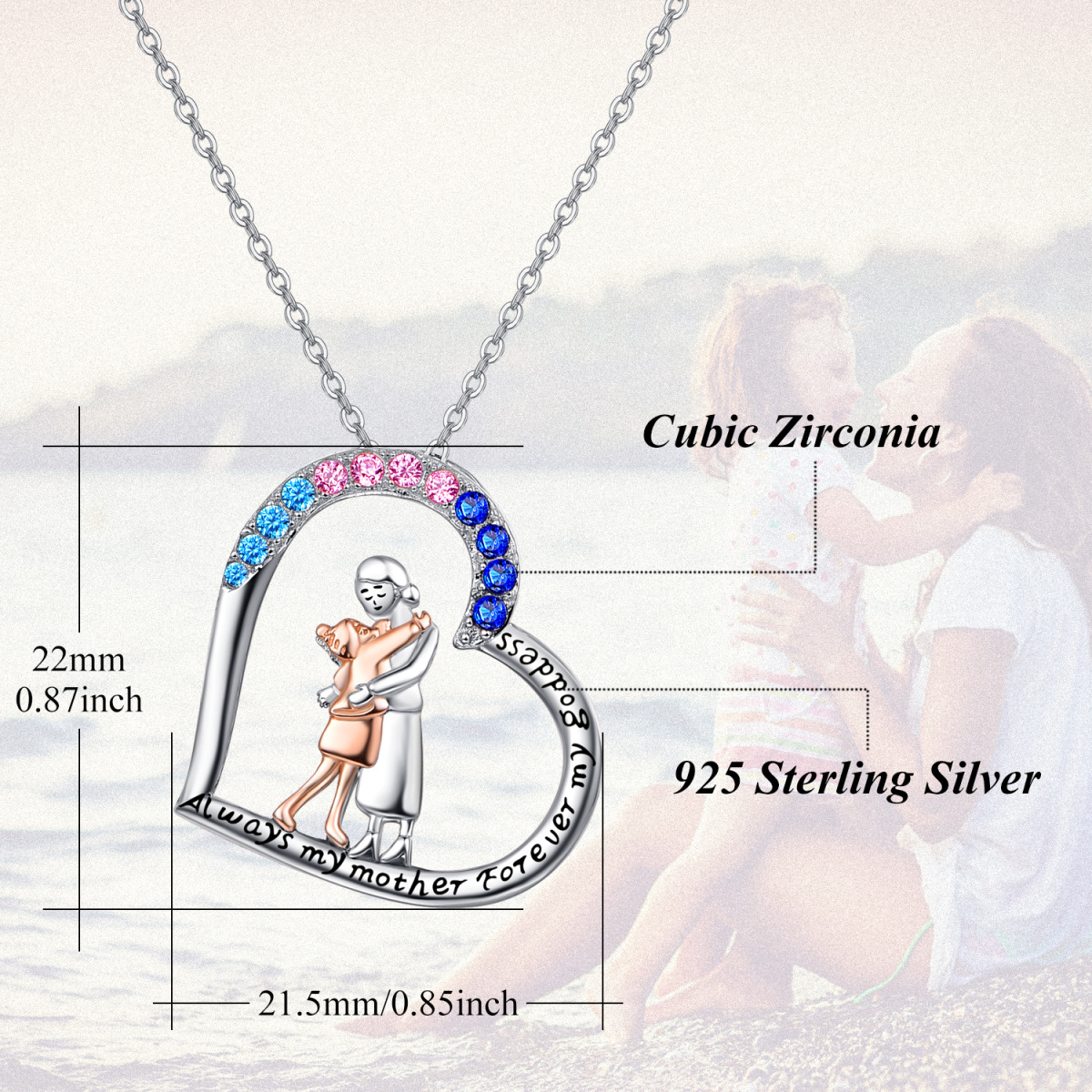 Collana con pendente a cuore a forma di madre e figlia in argento sterling bicolore con zirconi circolari con parola incisa per donna-5